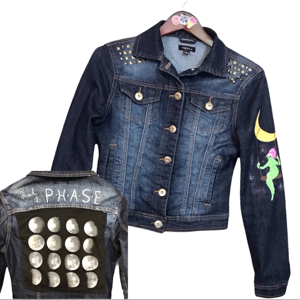 BBC hand painted moon phase alien babe jean jacket